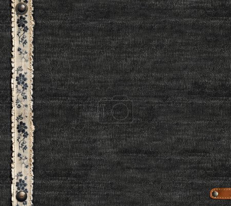 Photo for Black denim background with lace borders and small leather label. Dark grey denim jeans fabric texture and vintage lace tape. Mock up template. Copy space for text - Royalty Free Image
