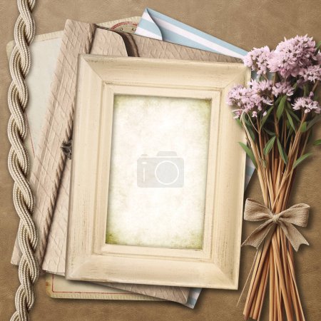 Photo for Retro photo frame, dry flowers, vintage envelope and paper card on old leather texture. Nostalgic scrapbooking backdrop. Mockup template. Copy space for text - Royalty Free Image