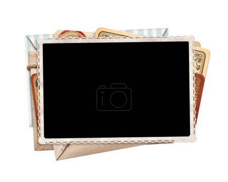 Photo for Retro photo frame, vintage envelope and old paper card. Nostalgic scrapbooking backdrop. Mock up template. Copy space for text. Isolated on white background - Royalty Free Image