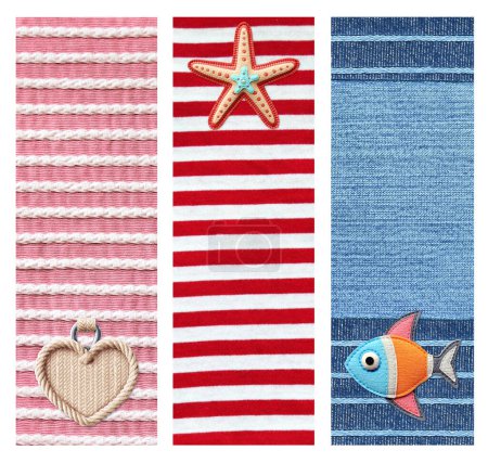 Photo for Set of vintage travel vertical banners with felt fish and starfish, rope heart tag on a striped and denim fabric background. Collection of nautical vacation tag, badge or label. Copy space for text - Royalty Free Image