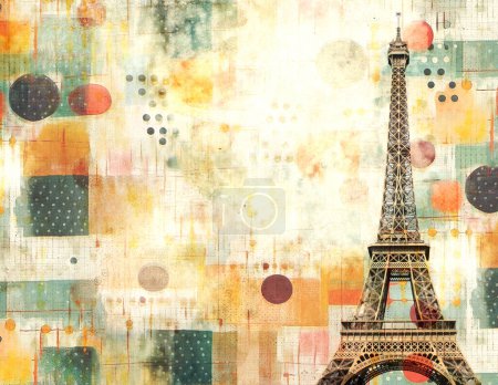 Photo for Old cardboard texture with Eiffel Tower - famous landmark of Paris and polka dots pattern. Horizontal retro travel banner with paper texture. Vintage card with Eiffel Tower. Copy space for text - Royalty Free Image