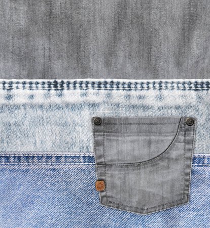 Photo for Vertical background with pocket and denim patches of light grey, blue, white colors cotton texture. Decorative striped backdrop with light blue, indigo and gray color denim jeans fabric and pocket - Royalty Free Image