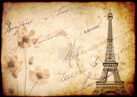 Foto de Fondo retro con Torre Eiffel, famoso monumento de París y flores prensadas en seco. Fondo nostálgico con textura antigua de papel vintage e inscripción "Bonjour a tous" (Hola a todos) en francés - Imagen libre de derechos