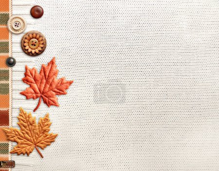 Photo for Autumn season backdrop with white wool sweater texture and felt handmade decor. Horizontal background with knitted fabric texture of white color and decorative border with felt maple leaf and button - Royalty Free Image