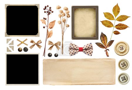Photo for Collection of vintage elements for scrapbooking. Nostalgic set of retro photo, linen bows, dry pressed flower and leaf, buttons, paper corners for album. Mockup template. Isolated on white background - Royalty Free Image