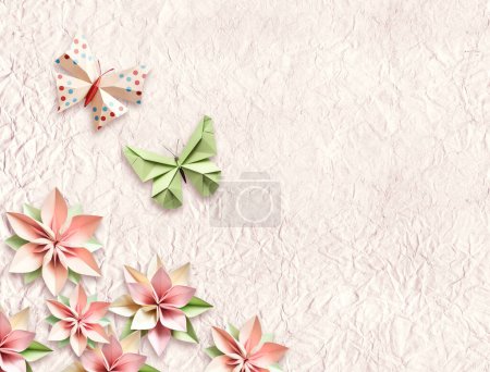Téléchargez les photos : Fond écologique horizontal avec papillon en papier origami coloré et fleur sur texture de papier. Fond décoratif avec des figurines en papier de papillons et de fleurs. Espace de copie pour le texte. 3d rendu - en image libre de droit