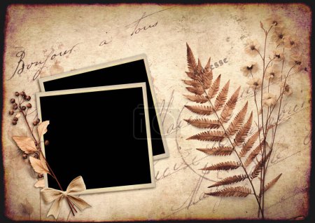 Photo for Retro background with photo frame and dry pressed leaf and flower. Nostalgic scrapbooking backdrop with old vintage paper and inscription "Bonjour a tous" (Hello everybody) in french. Mockup template - Royalty Free Image