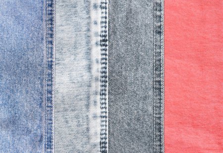 Photo for Horizontal or vertical background with denim patches of light grey, blue and coral colors cotton texture. Decorative striped backdrop with light blue, indigo, pink and gray color denim jeans fabric - Royalty Free Image