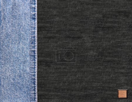 Photo for Horizontal background with blue denim borders with a seam, leather label and black cotton texture. Decorative backdrop with light blue and gray color denim jeans fabric. Copy space for text - Royalty Free Image