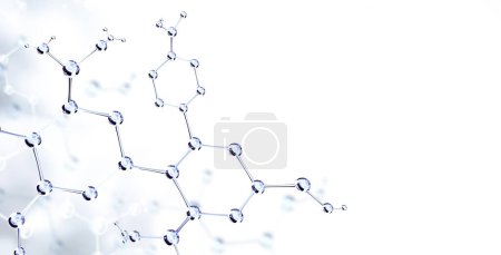 Foto de Horizontal banner with model of abstract molecular structure. Background of white color with glass atom model. Copy space for your text. 3d render - Imagen libre de derechos