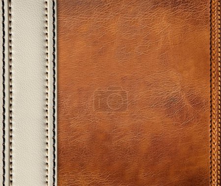 Photo for Horizontal or vertical leather background of brown color with decorative braided edging and border of ivory color. Decorative backdrop with cowhide texture. Mock up template. Copy space for text - Royalty Free Image