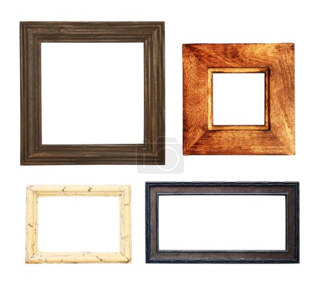 Photo for Set of retro wooden photo frames. Collection of vintage wood picture frame of different form (square, rectangular). Isolated on white background. Copy space for text - Royalty Free Image