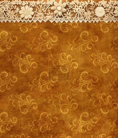 Photo for Horizontal or vertical Background with lace borders on grunge old soiled paper texture. Vintage backdrop with paper texture of brown color and elegant lace tape with floral ornament - Royalty Free Image
