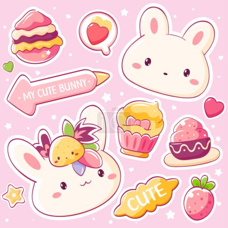 Photo for Set of stickers with strawberry and little bunny in kawaii style. Cute eye-catching summer strawberry tag collection. Vector illustration EPS8 - Royalty Free Image