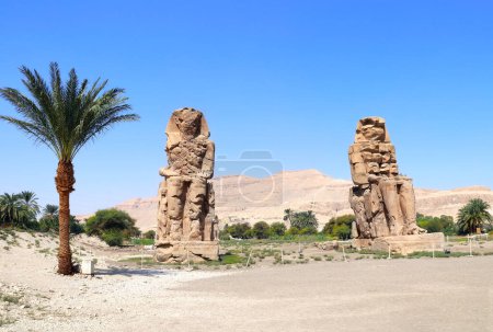 Téléchargez les photos : Deux célèbres colosses de Memnon, Vallée des Rois, Louxor, Égypte. Ancienne statue en pierre du pharaon Amenhotep III dans la nécropole thébaine - en image libre de droit