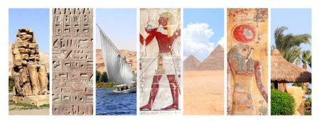 Téléchargez les photos : Collection de bannières verticales avec des monuments célèbres de l'Egypte - Grandes pyramides à Gizeh, Colosses de Memnon dans la vallée des rois, Louxor, Peinture murale colorée dans le temple Hatchepsout, Thèbes occidentaux - en image libre de droit