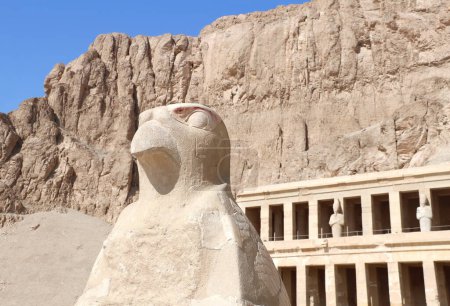 Téléchargez les photos : Statue de faucon ou statue d'Horus à l'entrée de Deir el-Bahari (Deir el-Bahri) le temple mortuaire de Hatchepsout dans la vallée des rois, Thèbes occidentaux, Louxor, Egypte - en image libre de droit
