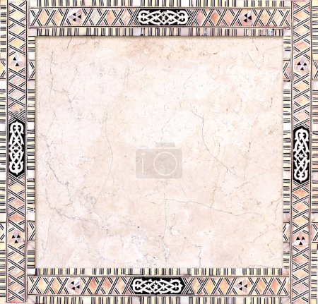 Photo for Square backdrop with detail of traditional persian mosaic with mother-of-pearl and stone geometric ornament. Horizontal or vertical background with tile frame. Mock up template. Copy space for text - Royalty Free Image