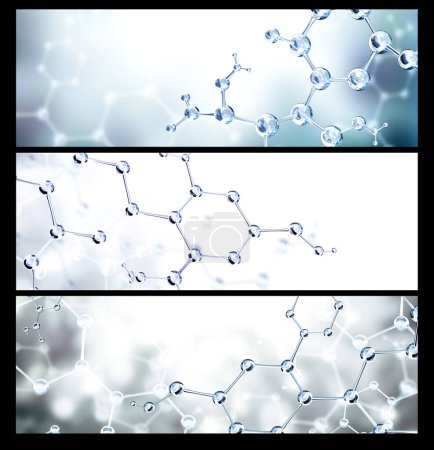 Photo for Set of horizontal banners with models of abstract molecular structure on blue background. Copy space for your text. Mock up template. 3d render - Royalty Free Image