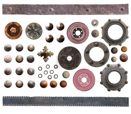 Photo for Vintage nail and rivet collection. Set of retro steel screw-nuts,  rusty rivets hardware, old screw, nail head, metal plate and bolt for industrial and steampunk design. Isolated on white background - Royalty Free Image
