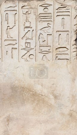 Photo for Vertical background with ancient Egyptian hieroglyphs on stone wall, Egypt, Africa. Backdrop with sandstone carving with hieroglyph. Mock up template. Copy space for text - Royalty Free Image