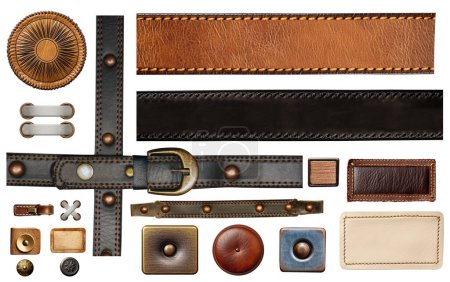 Photo for Set of leather elements. Collection of belt of black and brown color, leather tag and label, metal button and rivets, metallic decorative ornament. Isolated on white background - Royalty Free Image