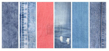 Photo for Set of vertical or horizontal banners with denim texture of different colors. Light blue, blue, coral and navy color denim jeans fabric material. Copy space for text - Royalty Free Image