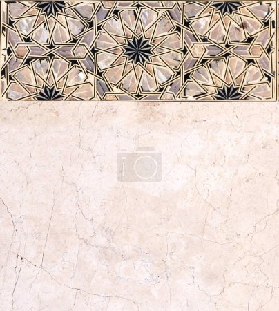 Photo for Horizontal or vertical background with traditional moroccan tile decoration. Detail of ancient mosaic with mother-of-pearl ornaments and pink marble texture. Mock up template. Copy space for text - Royalty Free Image