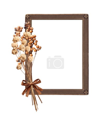 Photo for Set of bouquets of dried flowers and twigs with berries, tied with a burlap bow. Collection of dry pressed leaf and flower. Nostalgic scrapbooking kit. Isolated on white background - Royalty Free Image