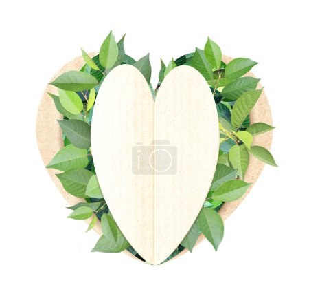 Téléchargez les photos : Trou en forme de coeur et feuilles vertes sur la texture du carton. Isolé sur fond blanc. Matériau en carton recyclé. Écologie et concept zéro déchet. Espace de copie pour le texte - en image libre de droit