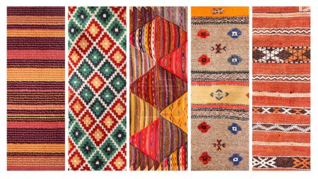 Photo for Set of vertical or horizontal banners with textures of berber traditional wool carpet with geometric pattern, Morocco, Africa - Royalty Free Image