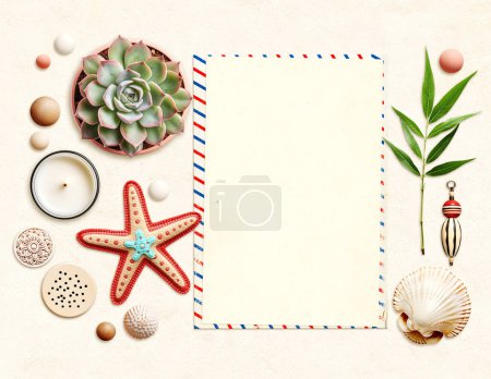 Photo for Travel background with retro postcard, blank paper sheet, green leaf, shell, candle, wooden bead. Ecology, environmental conservation and zero waste concept. Mock up template. Copy space for text - Royalty Free Image