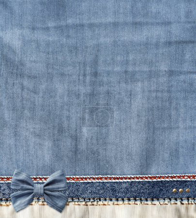Photo for Blue and beige denim background with a red seam. Light blue color denim jeans fabric texture with decorative border. Vertical denim background with bow. Mock up template. Copy space for text - Royalty Free Image