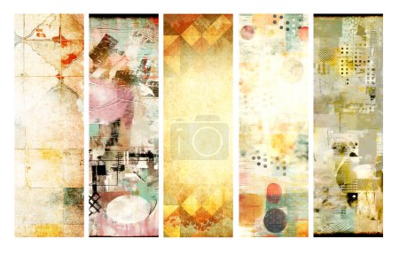Photo for Set of vertical or horizontal banners with old paper texture and retro patterns with strips, dots and drops. Vintage backgrounds with grunge paper material. Copy space for text - Royalty Free Image