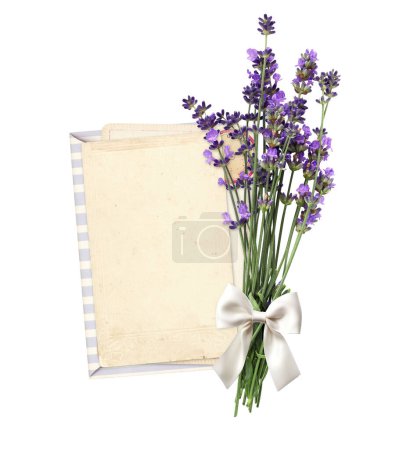 Téléchargez les photos : Carte de papier vierge et bouquet de fleur de lavande violette, attachée avec un arc blanc. Un paquet de fleurs de lavandula fraîches. Isolé sur fond blanc. Modèle de maquette. Espace de copie pour le texte - en image libre de droit