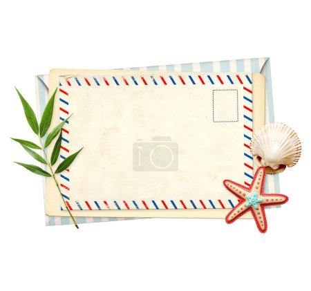 Photo for Vintage post card, envelope and souvenirs - green leaf, felt starfish, shell. Retro postcard with decorative border. Horizontal vacation backdrop. Isolated on white background. Copy space for text - Royalty Free Image