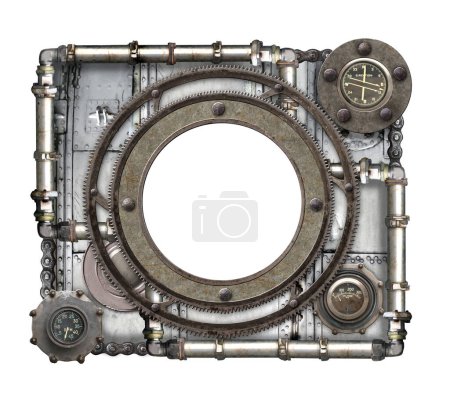 Photo for Metallic frame with vintage metal details, pipelines, gear, retro rivets. Isolated on white background. Mock up template. Copy space for text. Can be used for steampunk, industrial, mechanical desig - Royalty Free Image