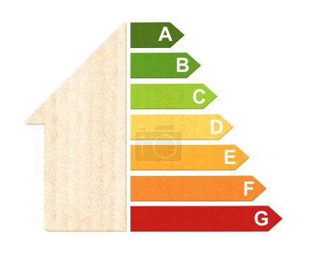 Foto de Tabla de eficiencia energética de la textura de cartón. Casa de papel ecológico y símbolo de eficiencia energética. Clase energética, concepto de bioenergía y ecología. Aislado sobre fondo blanco - Imagen libre de derechos