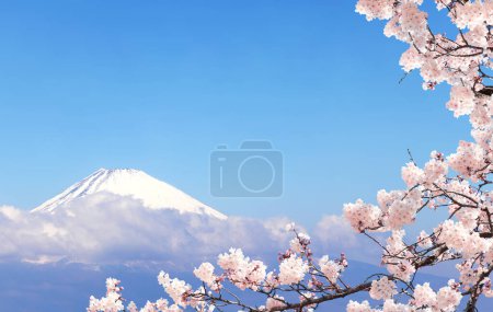 Photo for Beautiful sacred Mount Fuji (Fujiyama) in clouds and branch of the blossoming sakura with pink flowers, Japan. On blue sky background. View from Mount Komagatake - Royalty Free Image
