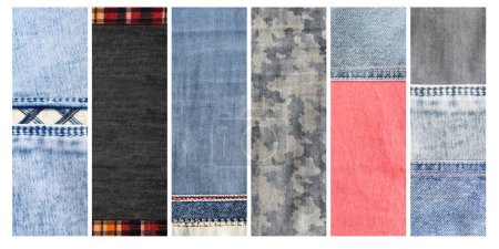 Photo for Set of vertical or horizontal banners with denim texture of different colors. Light blue, black, grey, green and navy color denim jeans fabric material. Copy space for text - Royalty Free Image