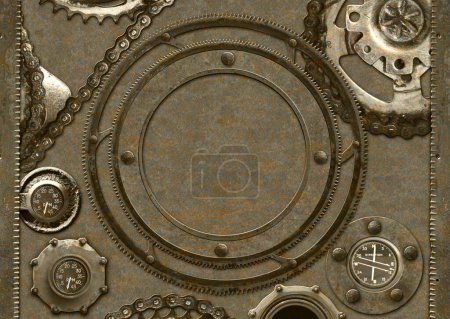Horizontal banner with metallic round frame, vintage details and retro rivets. Mockup template. Copy space for text. Can be used for steampunk and mechanical design