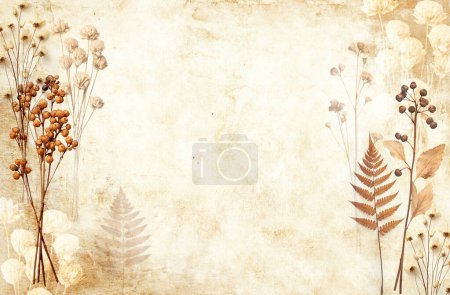 Photo for Retro background with dry pressed leaves and flowers on paper texture. Craft eco paper sheet backdrop with grunge textured and herbarium. Nostalgic scrapbooking banner with vintage cardboard material - Royalty Free Image