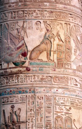 Antigua columna con colorida pintura mural, Kom Ombo Templo de los dioses Horus y Sobek, Egipto. Grandes columnas en el Complejo del Templo Com-Ombo, Egipto, África del Norte