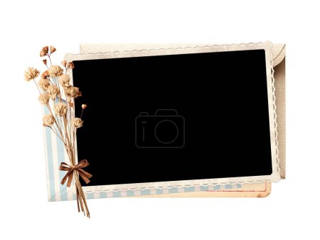 Photo for Old photo, dry leaf and flowers, vintage paper card and retro envelope. Nostalgic square scrapbooking kit. Isolated on white background. Mock up template. Copy space for text - Royalty Free Image