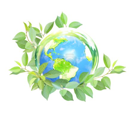 Earth day. Earth in glass ball on green leaves. Ecology, go green, environmental and conservation protection concept. Isolated on white background. 3d render
