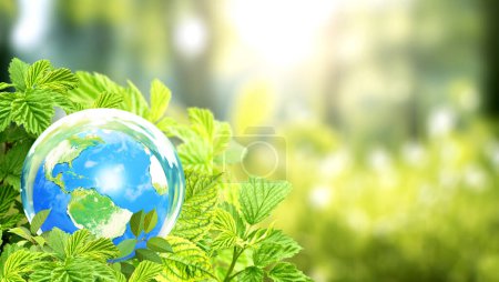 Earth in glass ball on green leaves. Ecology, go green and zero waste concept. Environmental and conservation protection background. Sunny summer backdrop with globe and plants. 3d render