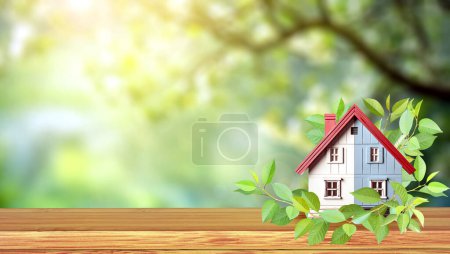 Eco friendly house. Wooden model home and green leaves outdoors in a forest. Ecology, go green, Green Energy, Renewable Power, environmental and conservation protection concept. 3d render