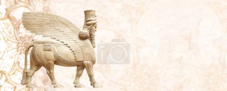 Grunge background with stucco texture, ancient carved ornament and stone statue of lamassu. Horizontal banner with assyrian protective deity - human-headed winged bull. Copy space for text