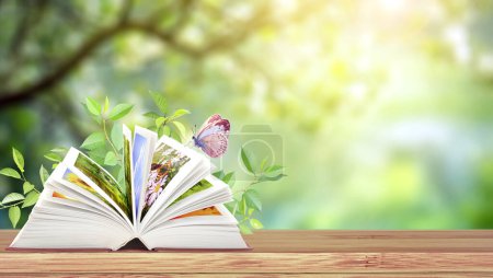 Photo for Book of nature. Horizontal banner with book open and butterfly on wood table. Knowledge, education, ecology, go green and zero waste concept. Environmental and conservation protection background - Royalty Free Image