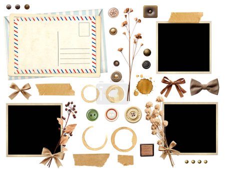 Photo for Romantic scrapbooking set with retro photo frame, dry pressed flower, linen bow, button, coffee stain and drop. Nostalgic scrapbooking collection with vintage objects. Isolated on white background - Royalty Free Image